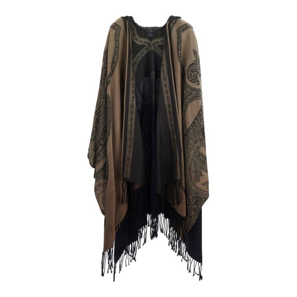 Etro Women Brown Hooded Cape With All-Over Paisley Motif In Wool For Women